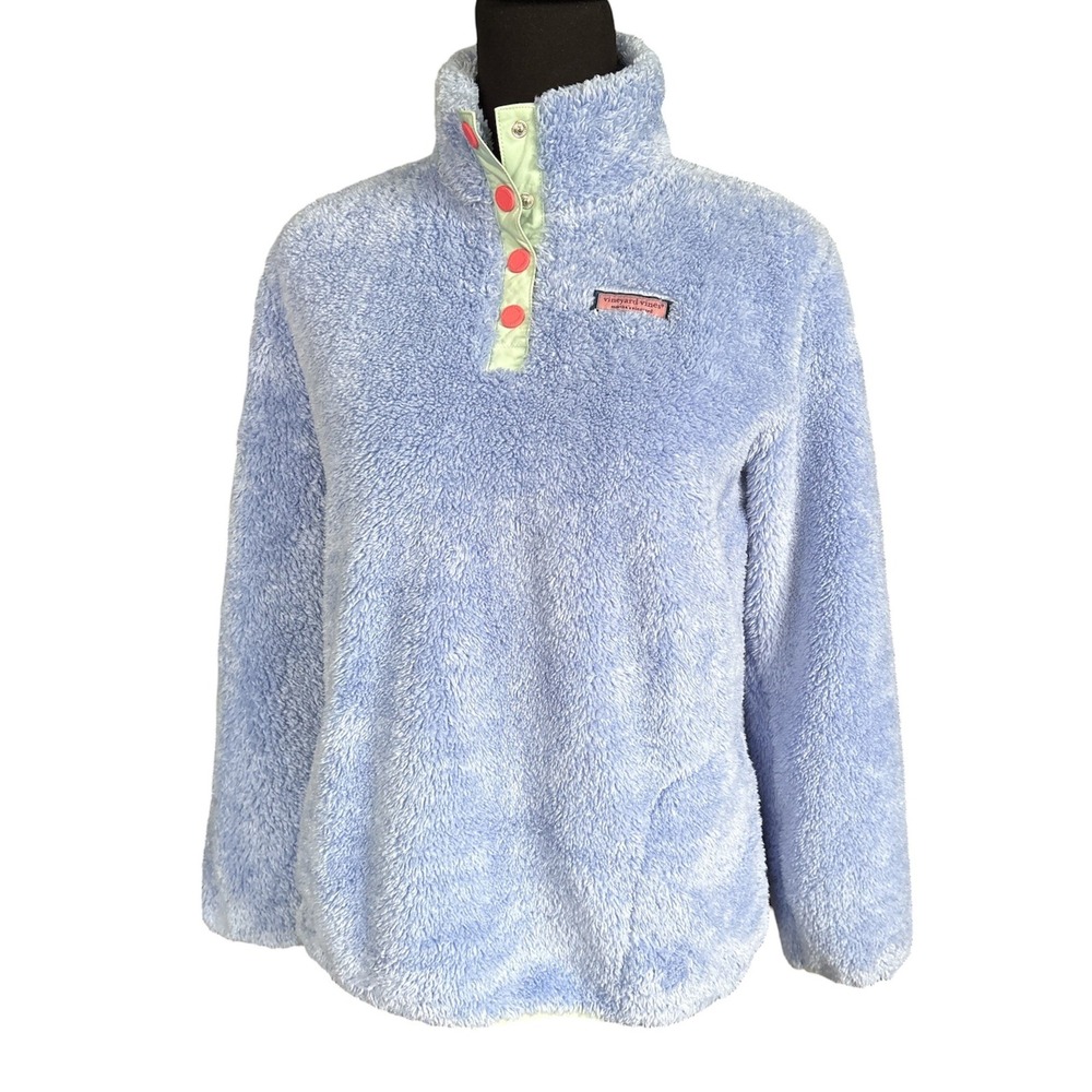 Vineyard Vines Girls' Teddy Fleece Snap Pullover, XL (16), Light Blue/Mint/Pink